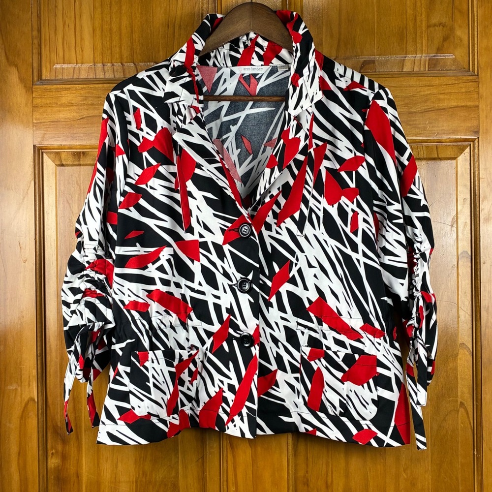 Erin London PL Abstract Print Blaer Jacket Red Black White Ruched Tie Sleeve